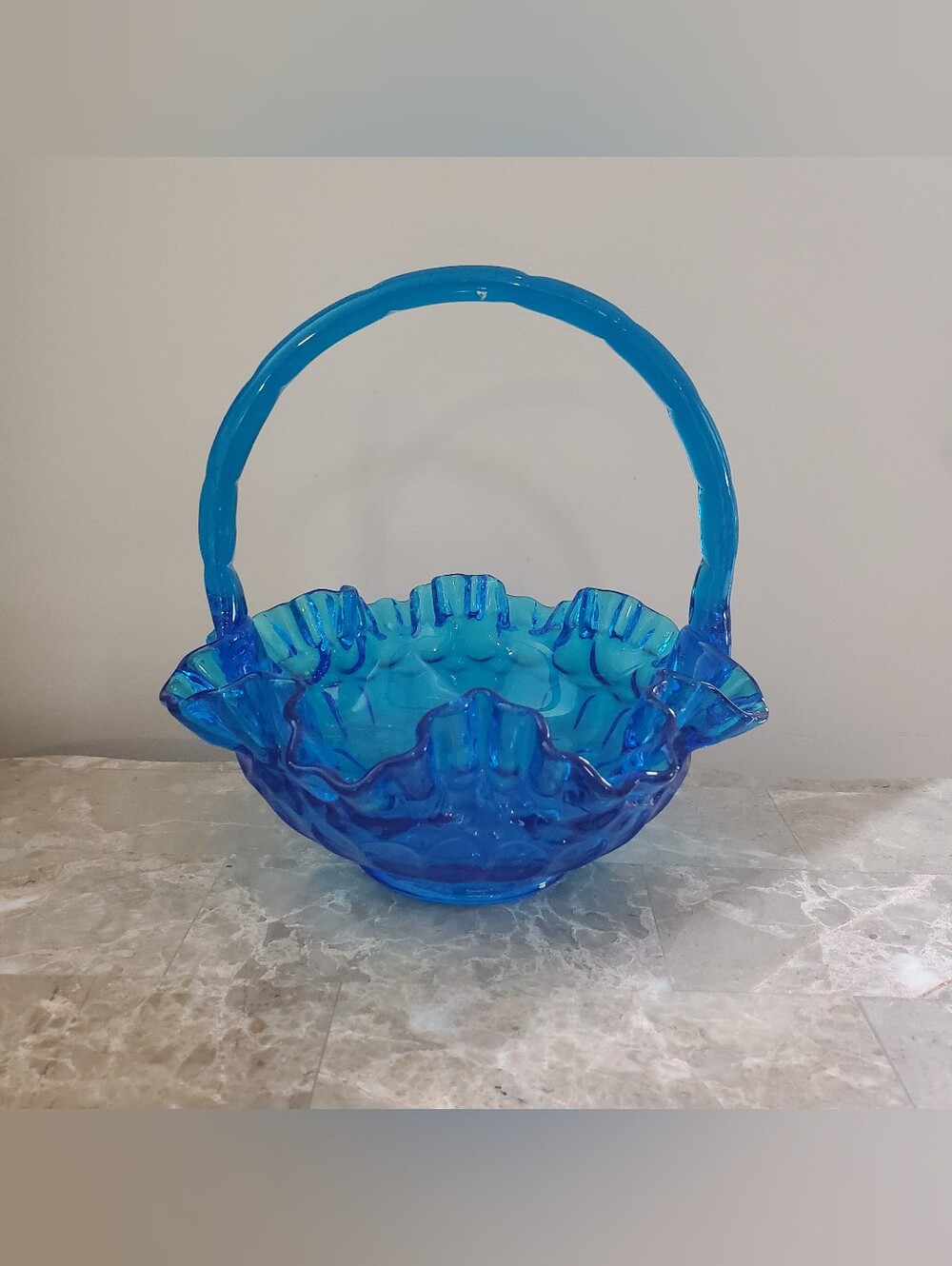 Vintage Fenton Glass Colonial Blue Thumbprint Pattern 8" Brides Basket